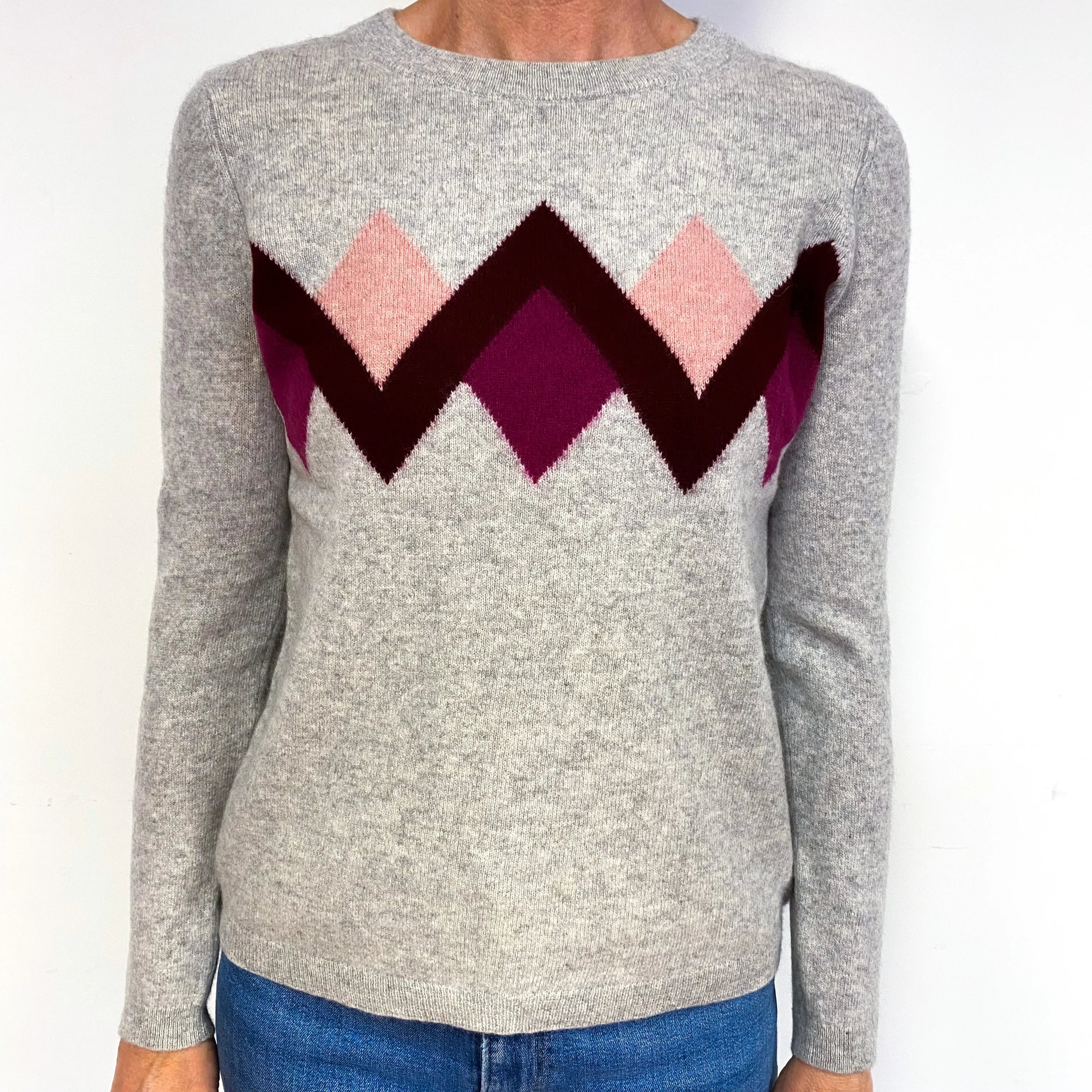 Grey Plum Diamond Pattern Cashmere Crew Neck Jumper Medium