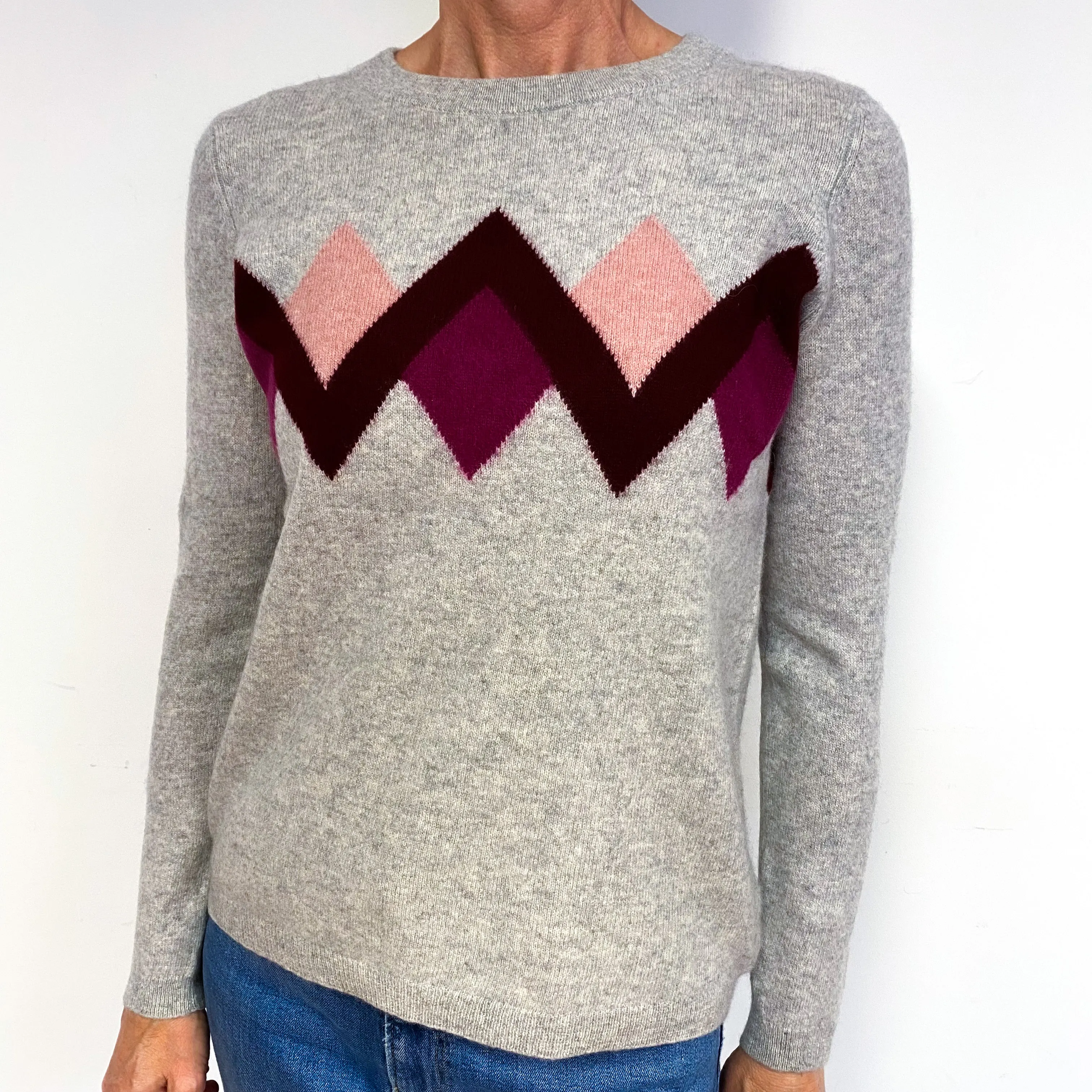 Grey Plum Diamond Pattern Cashmere Crew Neck Jumper Medium