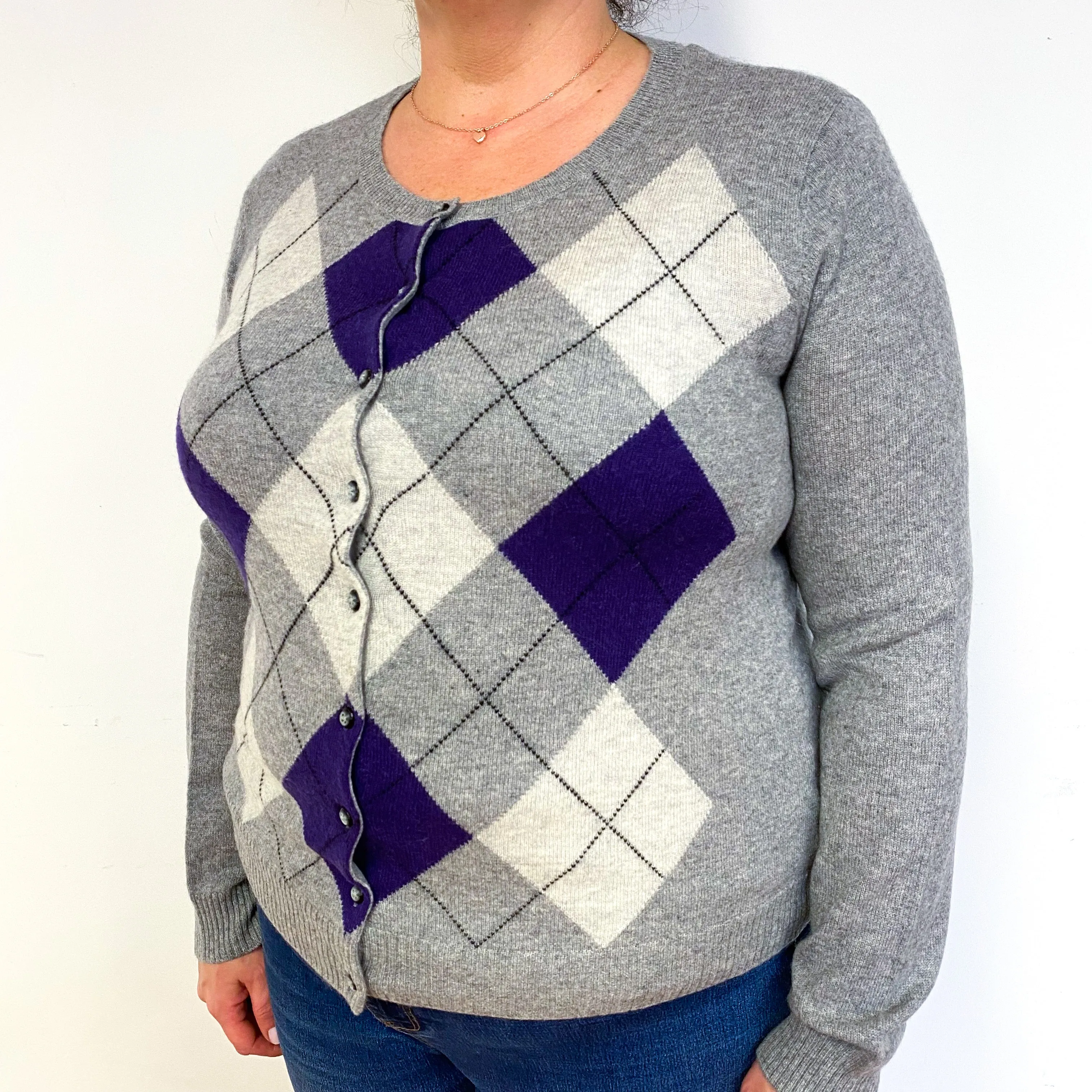 Grey Purple Argyle Cashmere Crew Neck Cardigan Extra Large