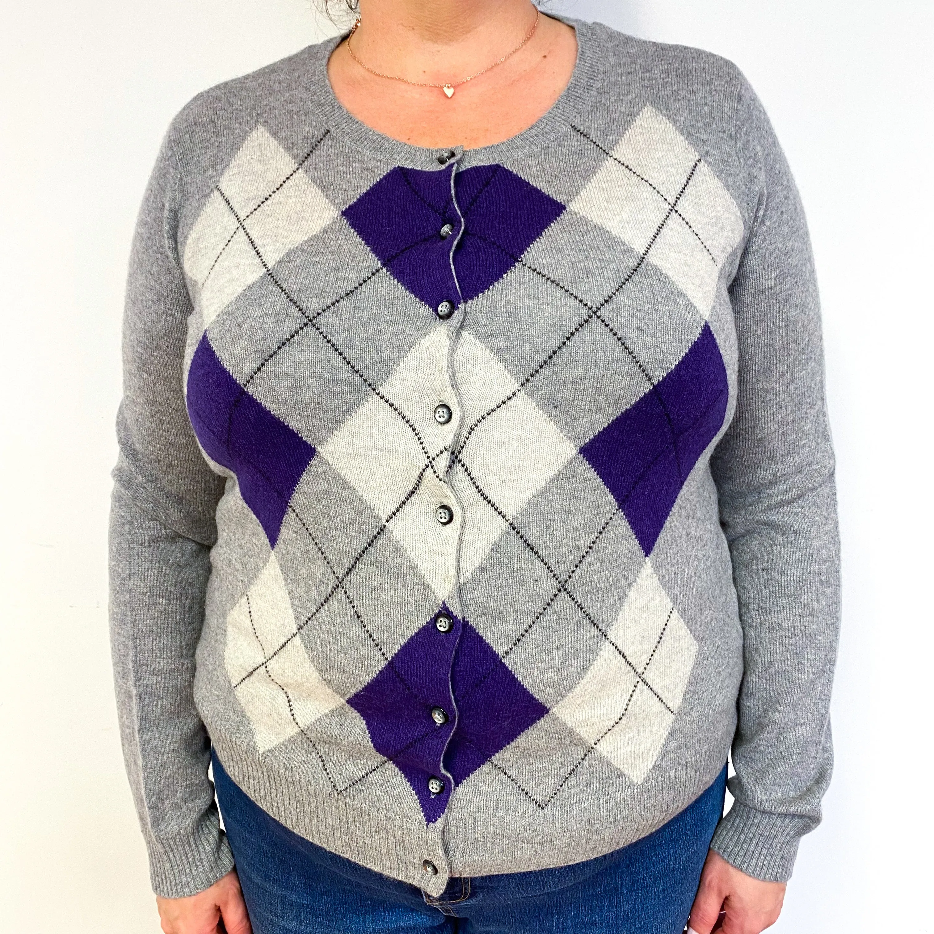 Grey Purple Argyle Cashmere Crew Neck Cardigan Extra Large