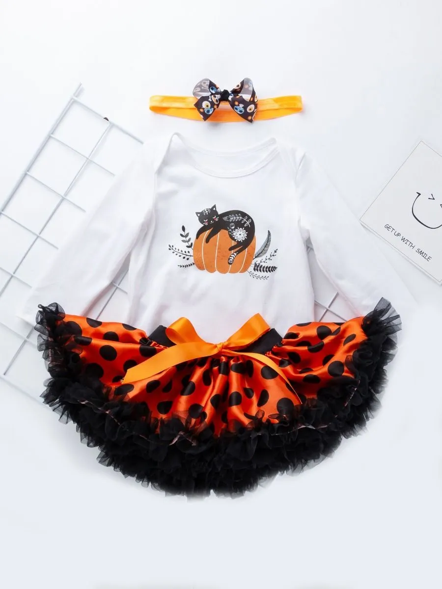 Halloween 3-Pieces Set Pumpkin Romper Bow Polka Dots Tulle Skirt  Headband