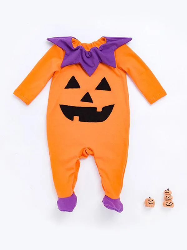 Halloween Pumpkin Color Blocking Long-sleeve Jumpsuit