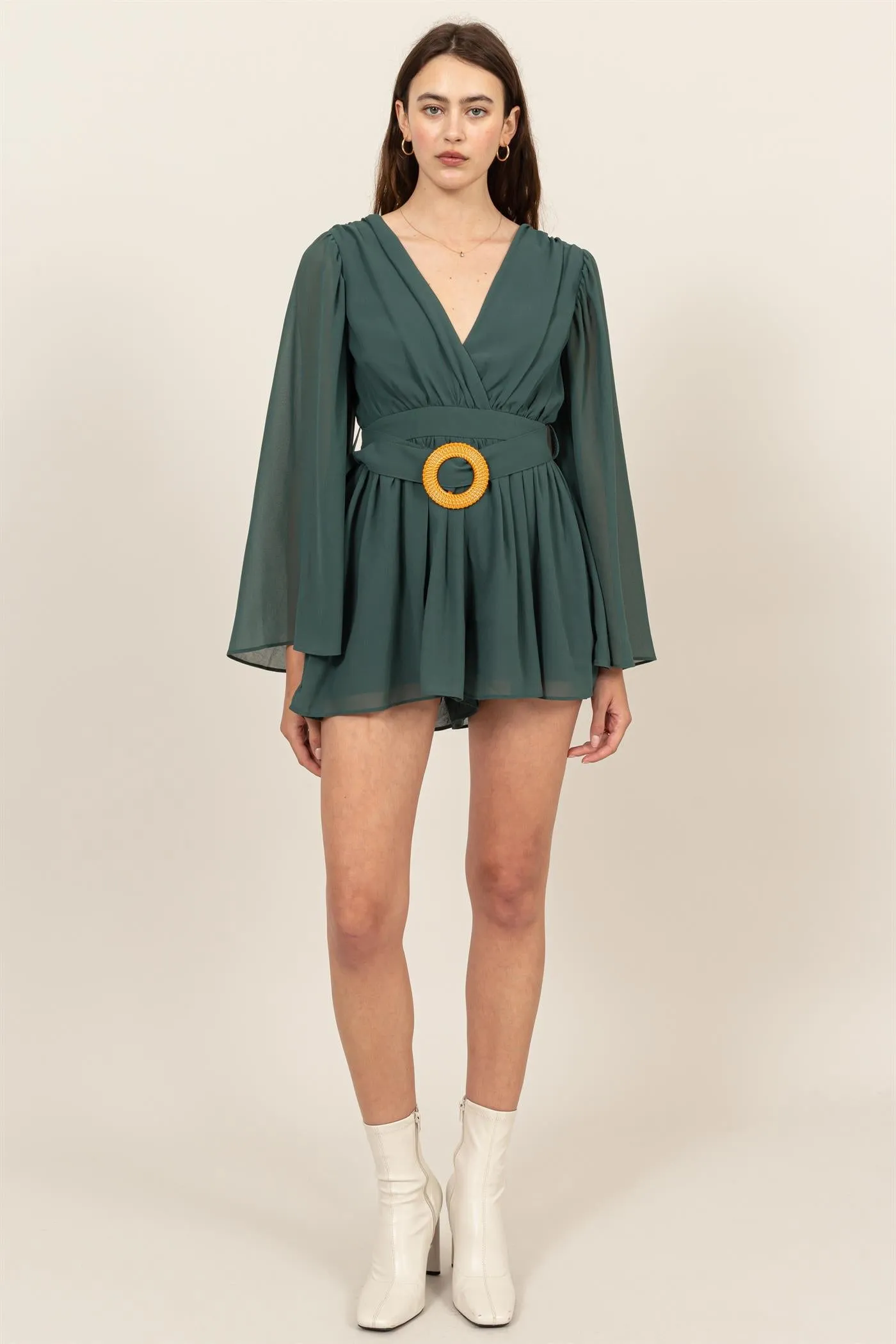 HF25A074-PLUNGING NECKLINE BELL SLEEVE ROMPER