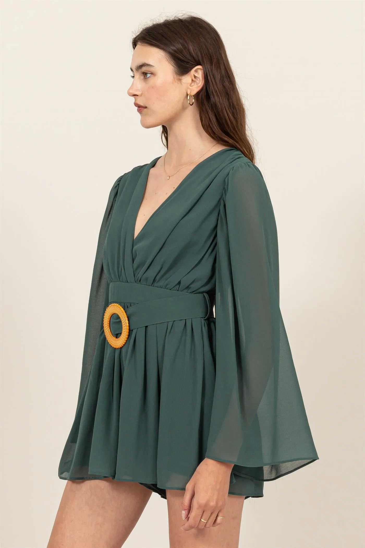 HF25A074-PLUNGING NECKLINE BELL SLEEVE ROMPER