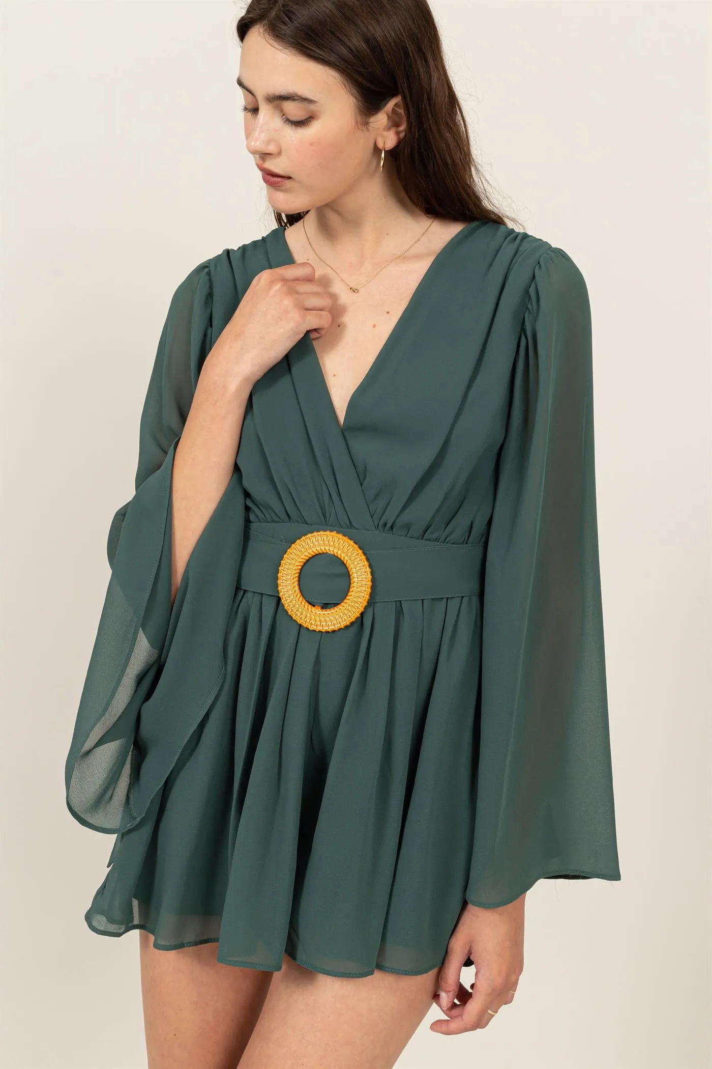 HF25A074-PLUNGING NECKLINE BELL SLEEVE ROMPER