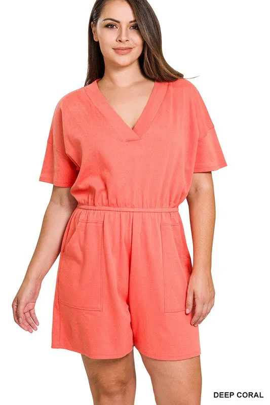 Hi Curvy Plus Size Women Drop Shoulder V-Neck Romper with Pockets