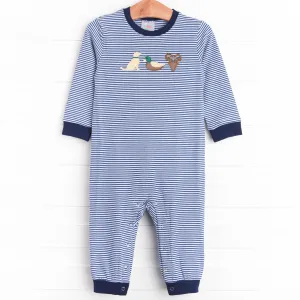 Hudson Hunter Trio Applique Romper, Navy Stripe