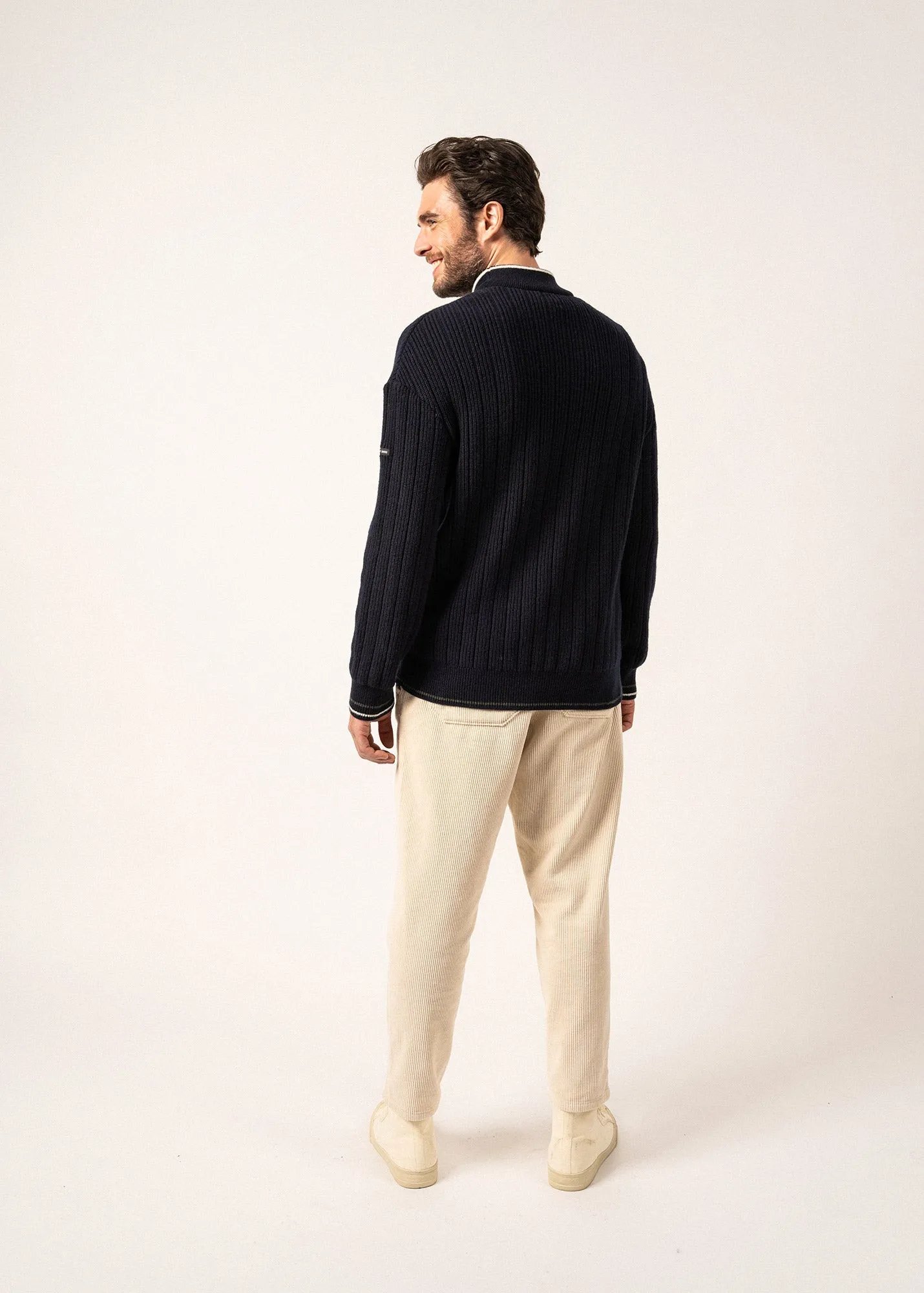 Huez Wool Jumper - with high neck, contrast trims (NAVY/VEGETAL/ECUME)