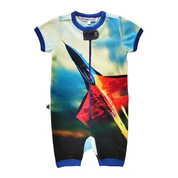 Inchworm Alley Organic Short Romper - F16 Fighter Jet - 3 to 6 Months