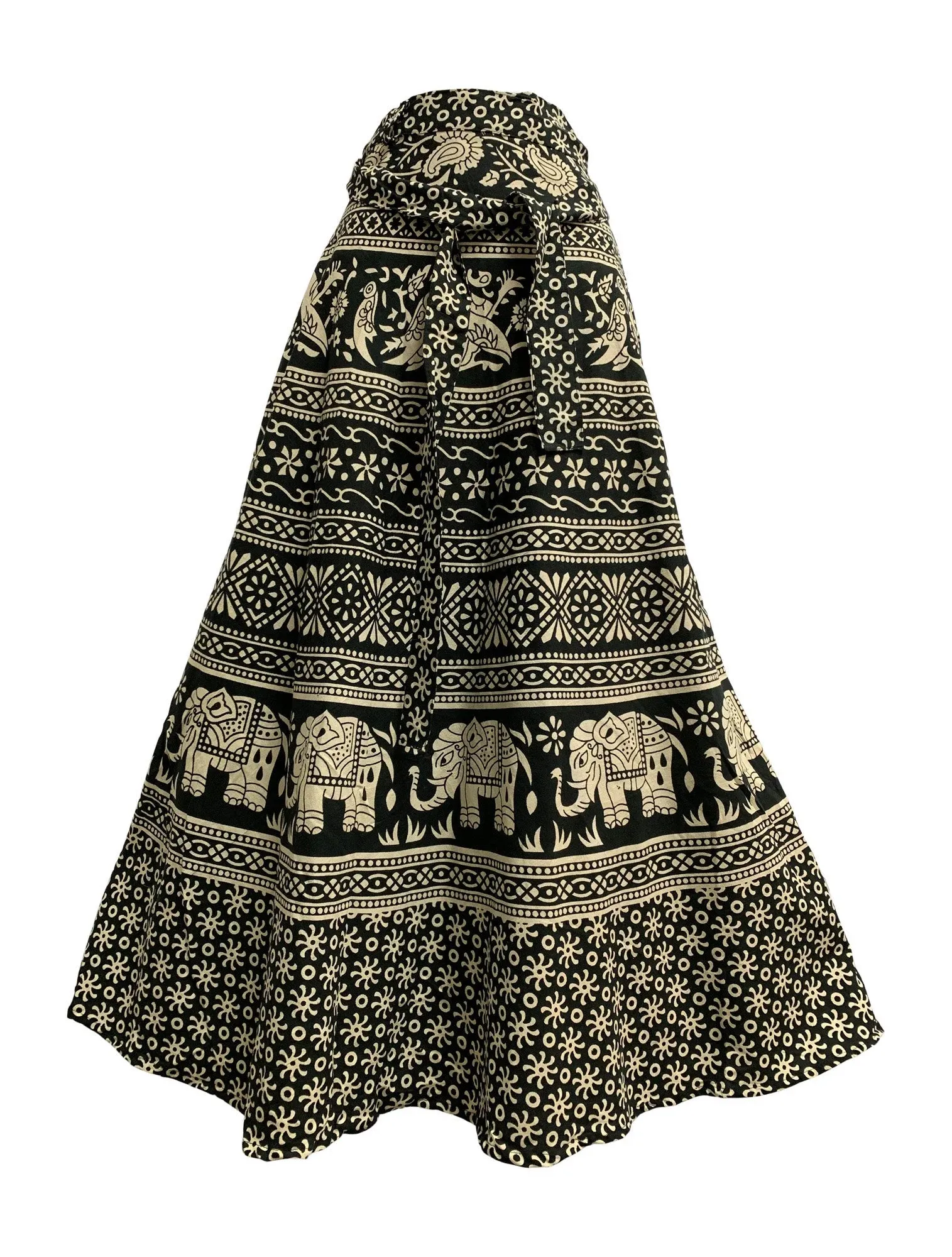 Indian Ethnic Block Print Cotton Boho Black & White Long Wrap Around Skirt