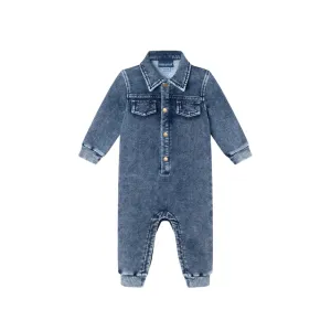 Infant Knit Shirt Romper | Blue Denim