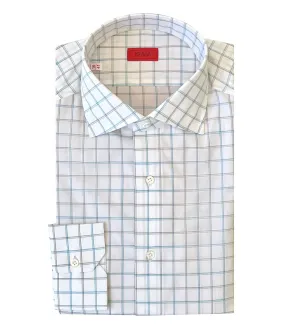 ISAIA White with Teal Windowpane Dress Shirt