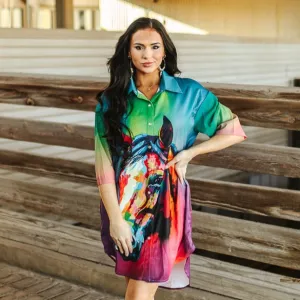 Jade Ombre Horse Printed Button Down Oversize Shirt Dress at Bourbon Cowgirl