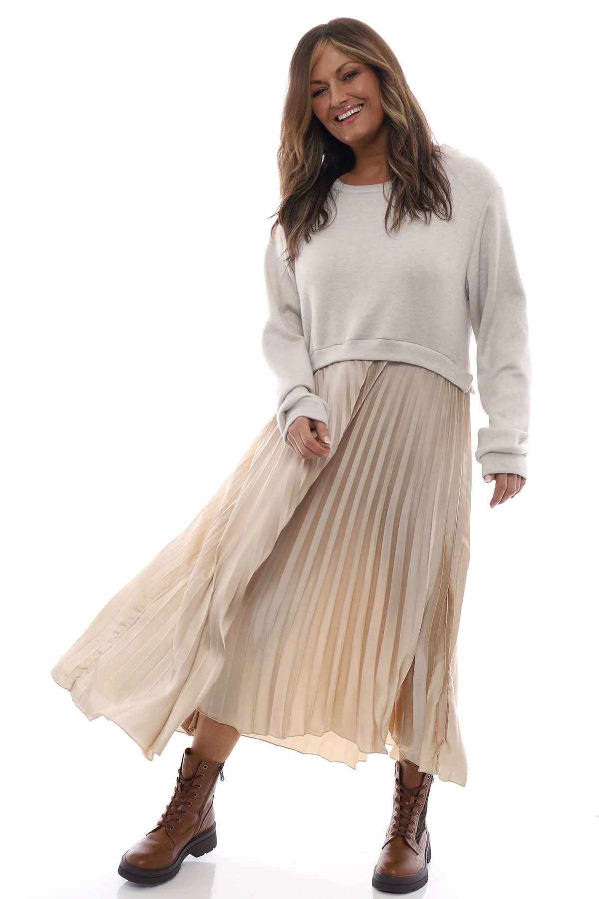 Kinzle Pleated Jumper Dress Stone