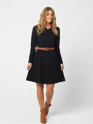 Knee Length Long Sleeved V-neck Black Dress - Laurissa Dress