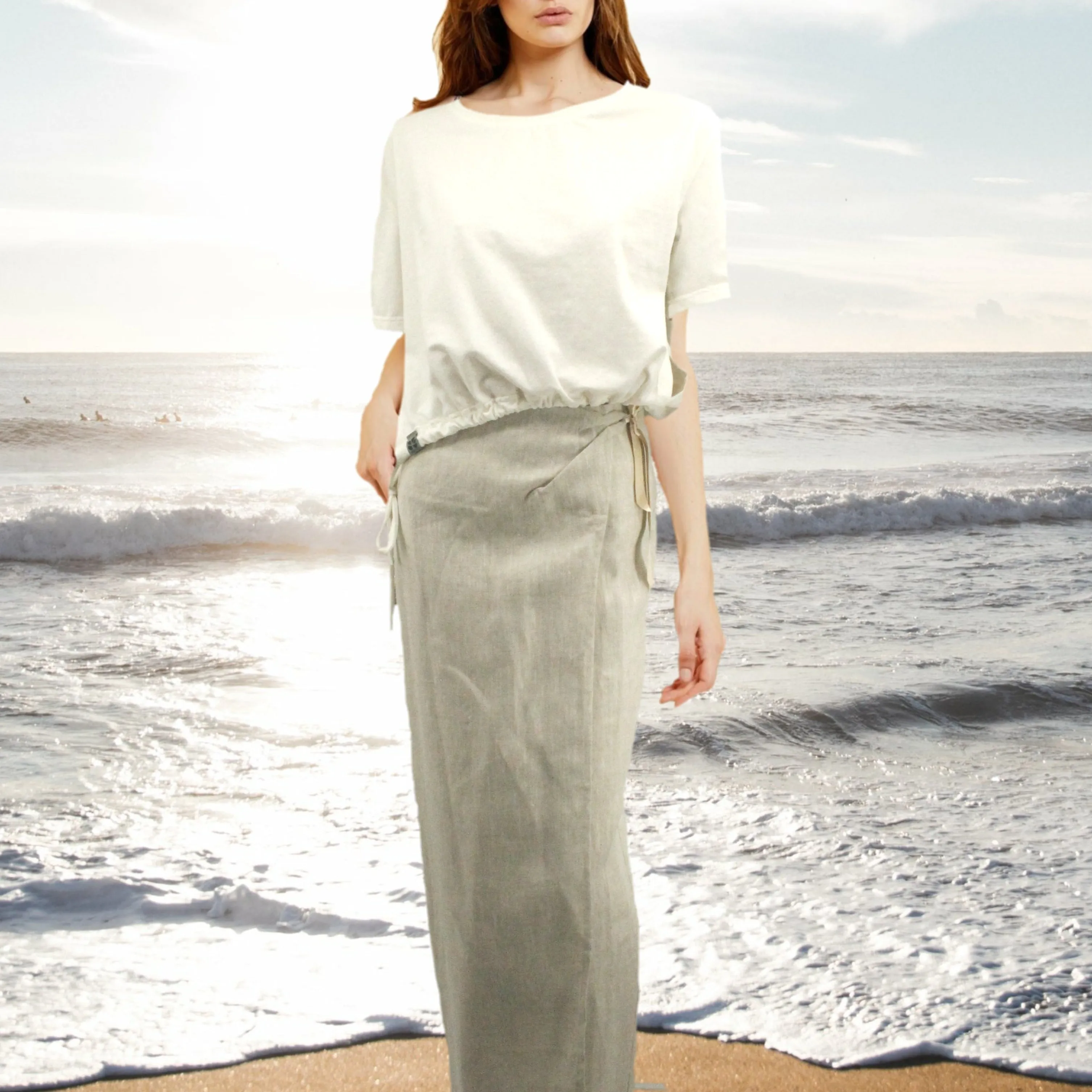 Lange overslag rok van biologische linnen / Long linen wrap skirt