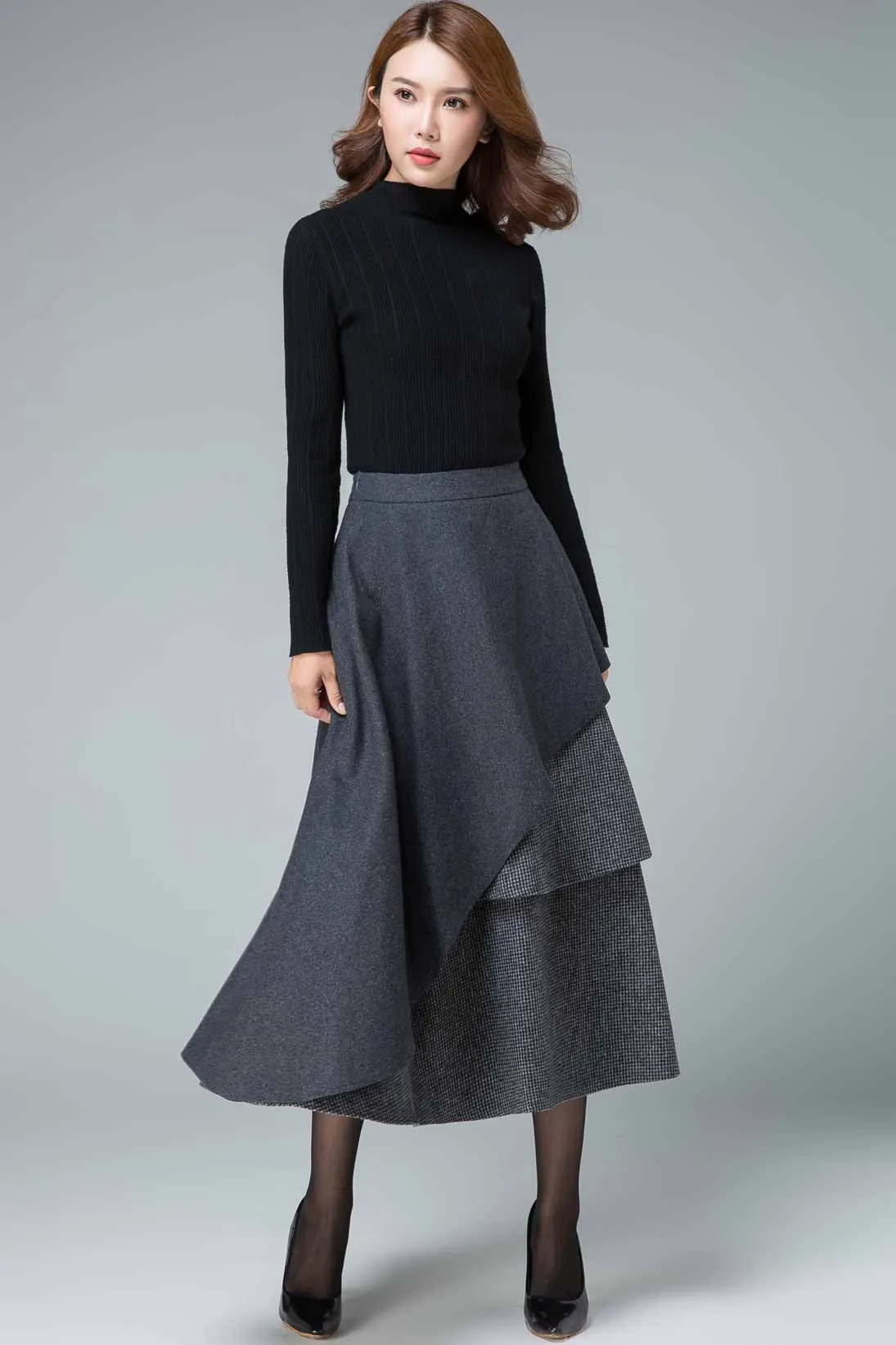 layered maxi wool skirt, Party skirt 5409