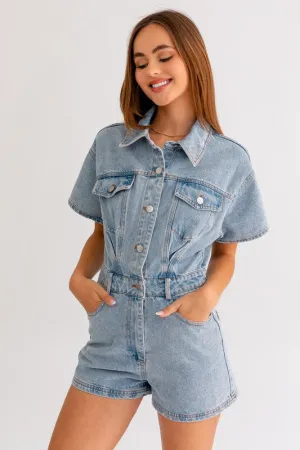 LE LIS Junior Short Sleeve Denim Romper