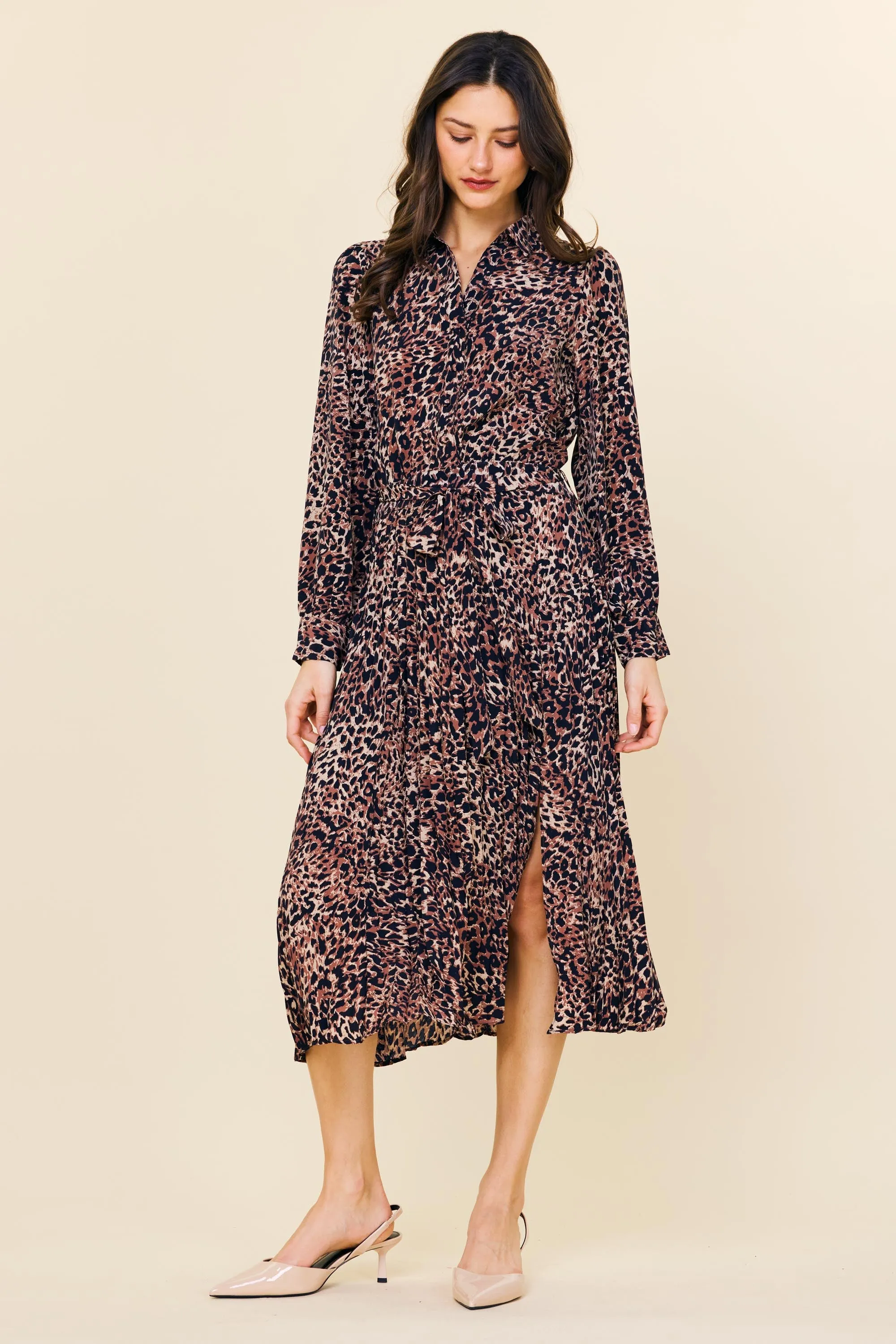 Leopard Print Shirt Midi Dress