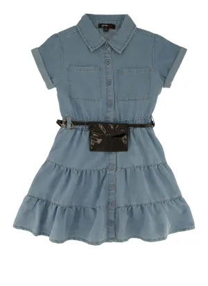 Little Girls Denim Tiered Button Front Shirt Dress with Purse