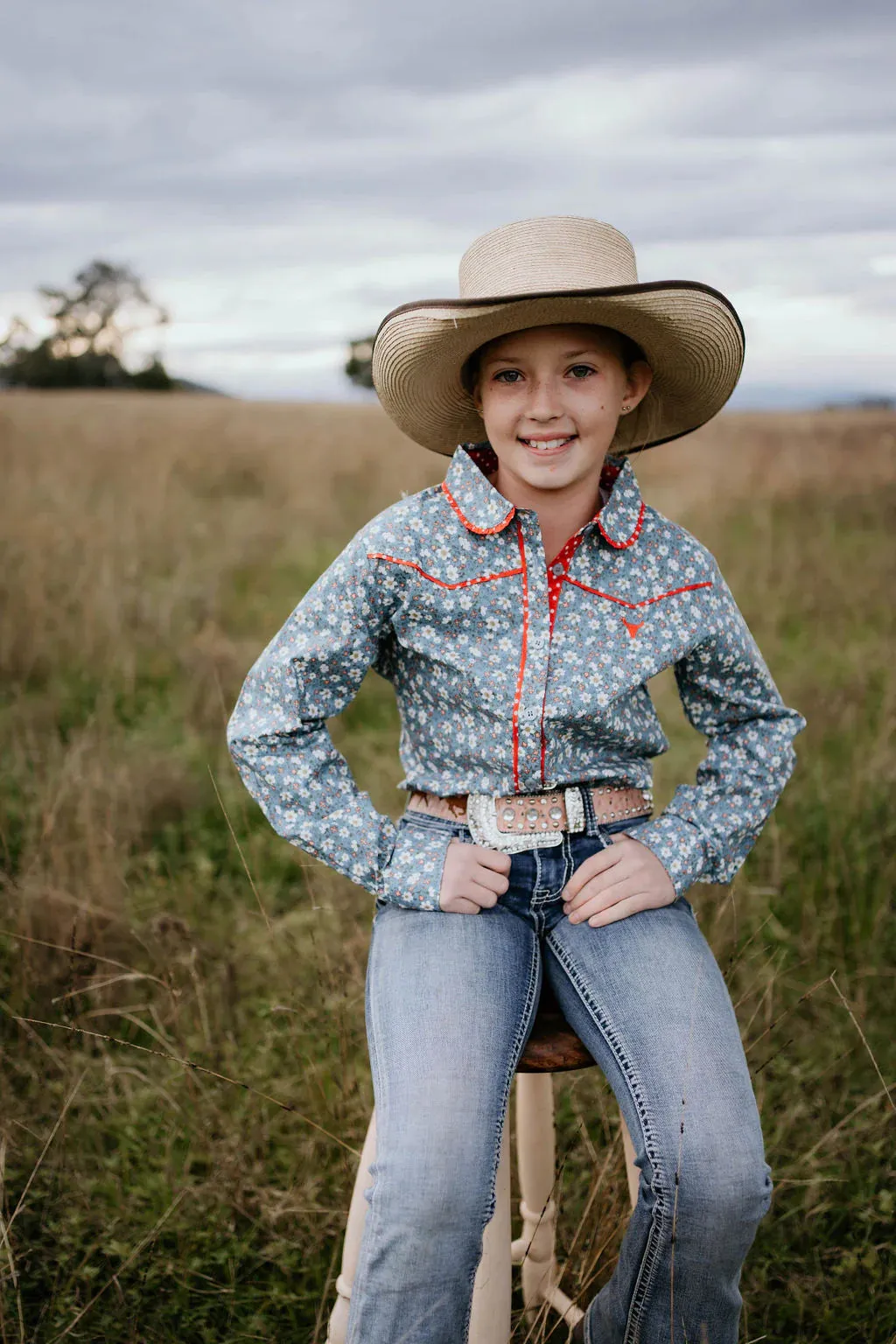 Little Windmill Paris Jnr Floral Blues and Red Western Yoke L/S Shirt