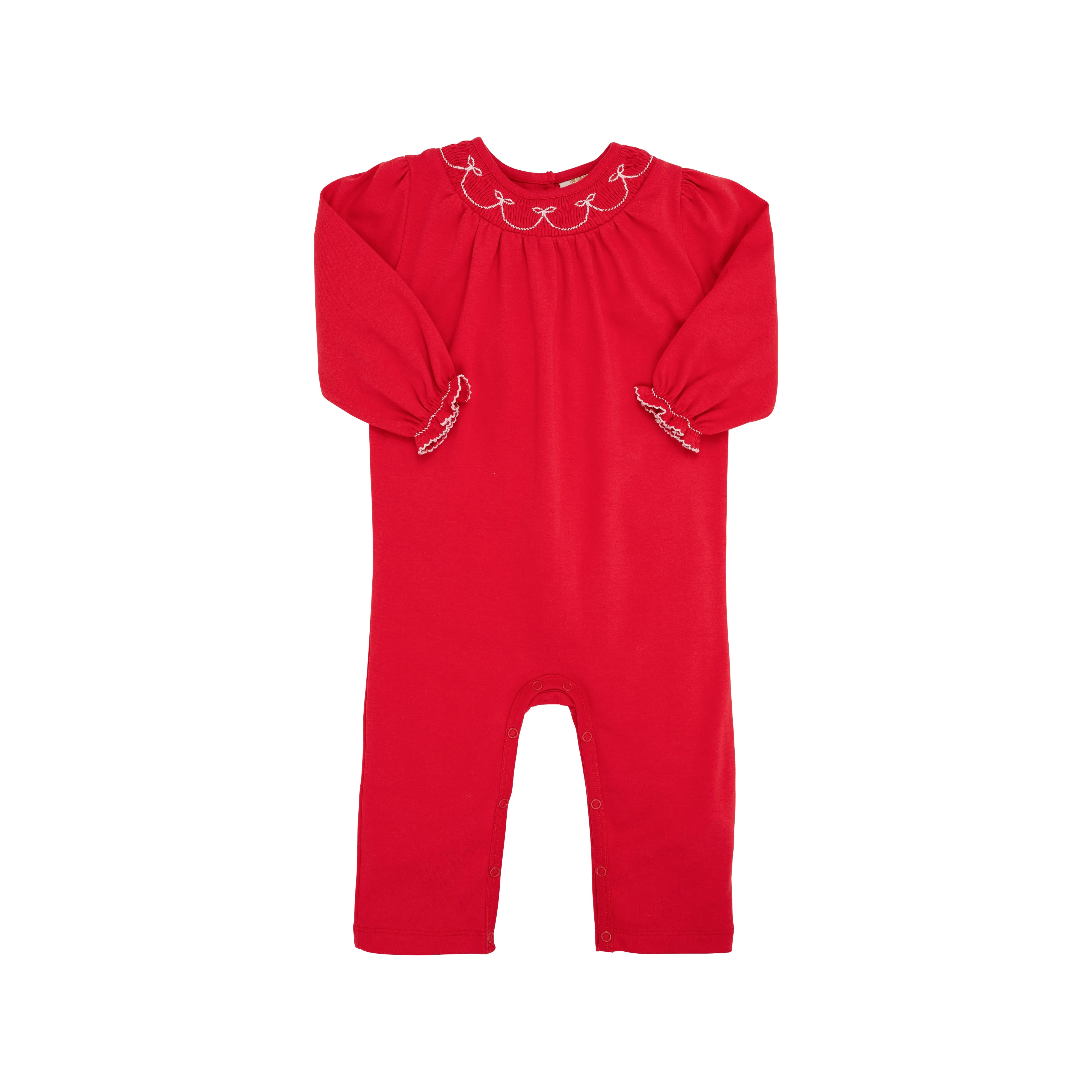 Long Sleeve Bridget Romper - Richmond Red with Worth Avenue White Bow Smocking