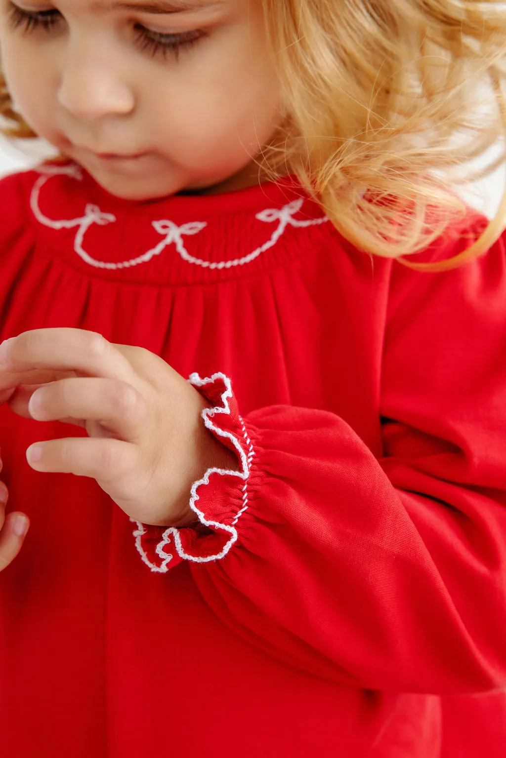 Long Sleeve Bridget Romper - Richmond Red with Worth Avenue White Bow Smocking