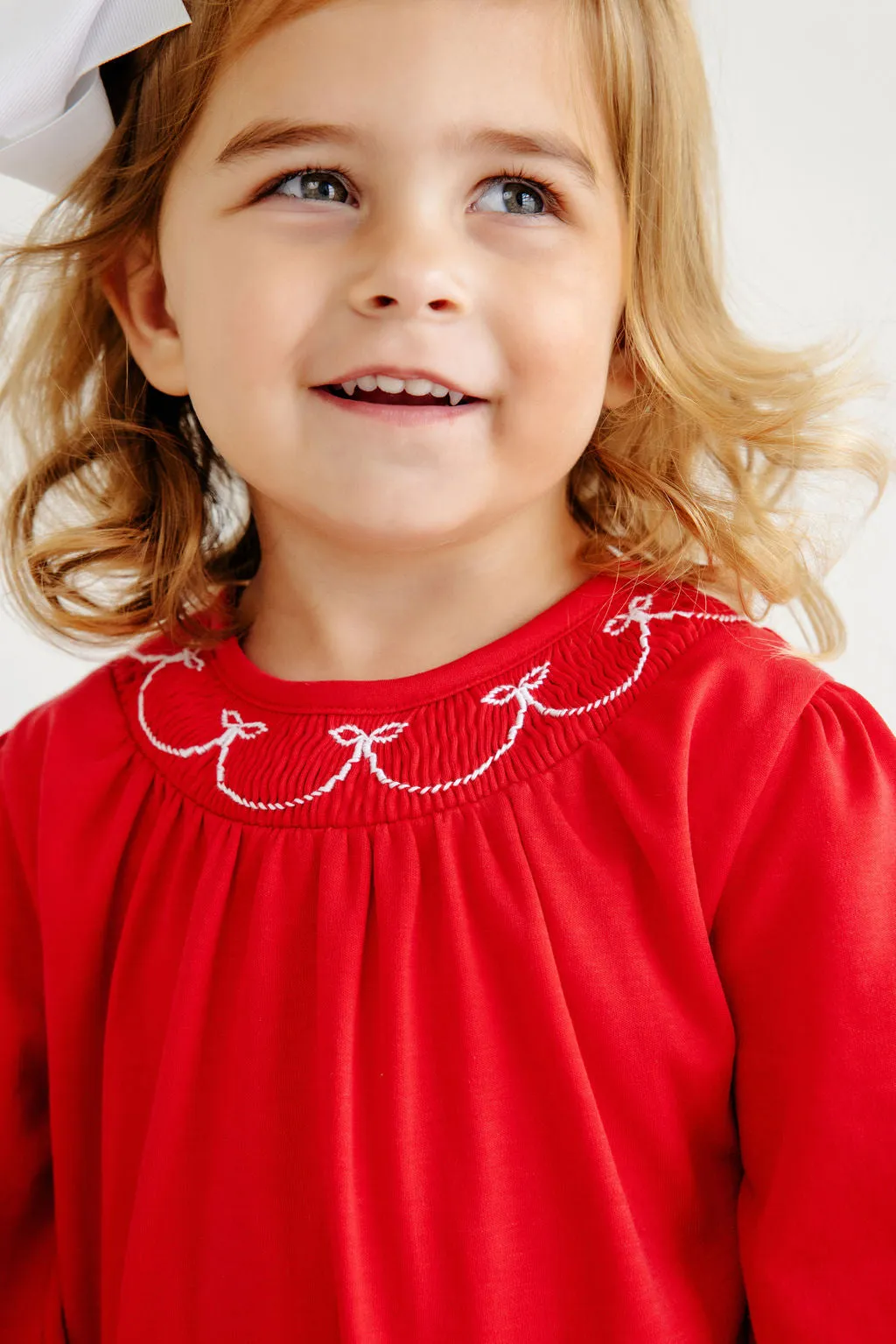 Long Sleeve Bridget Romper - Richmond Red with Worth Avenue White Bow Smocking