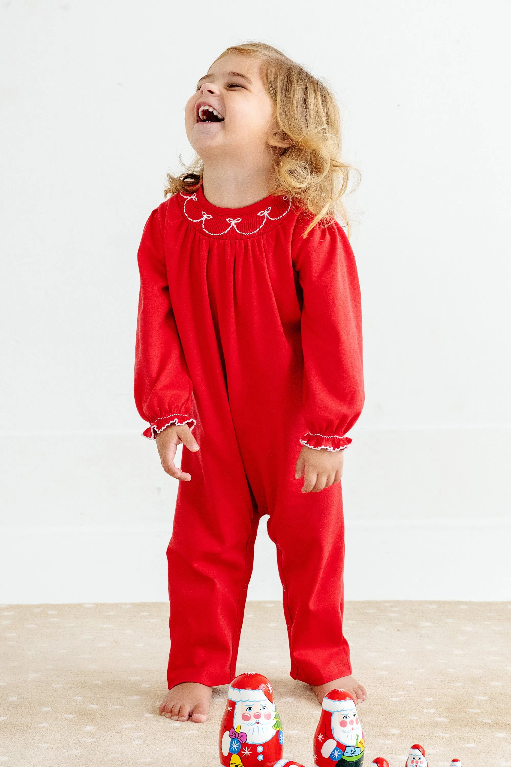 Long Sleeve Bridget Romper - Richmond Red with Worth Avenue White Bow Smocking