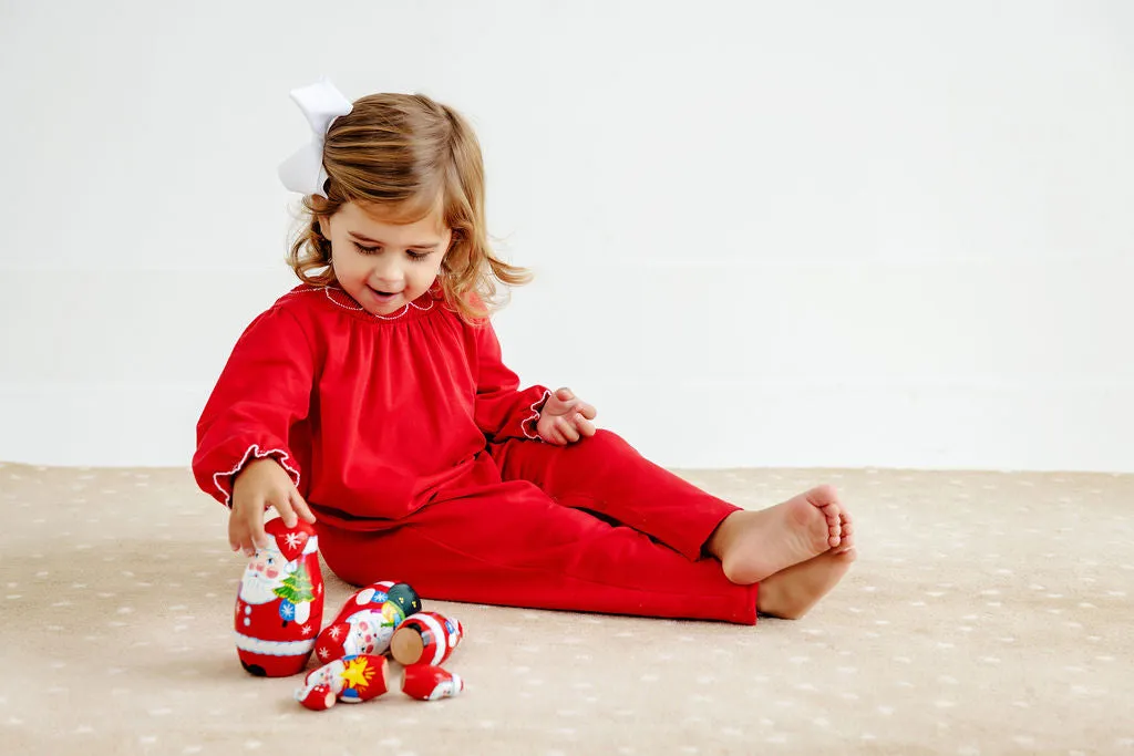 Long Sleeve Bridget Romper - Richmond Red with Worth Avenue White Bow Smocking