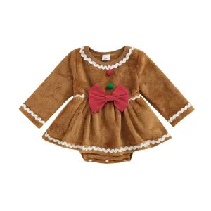 Long Sleeve Gingerbread Bow Baby Romper Dress