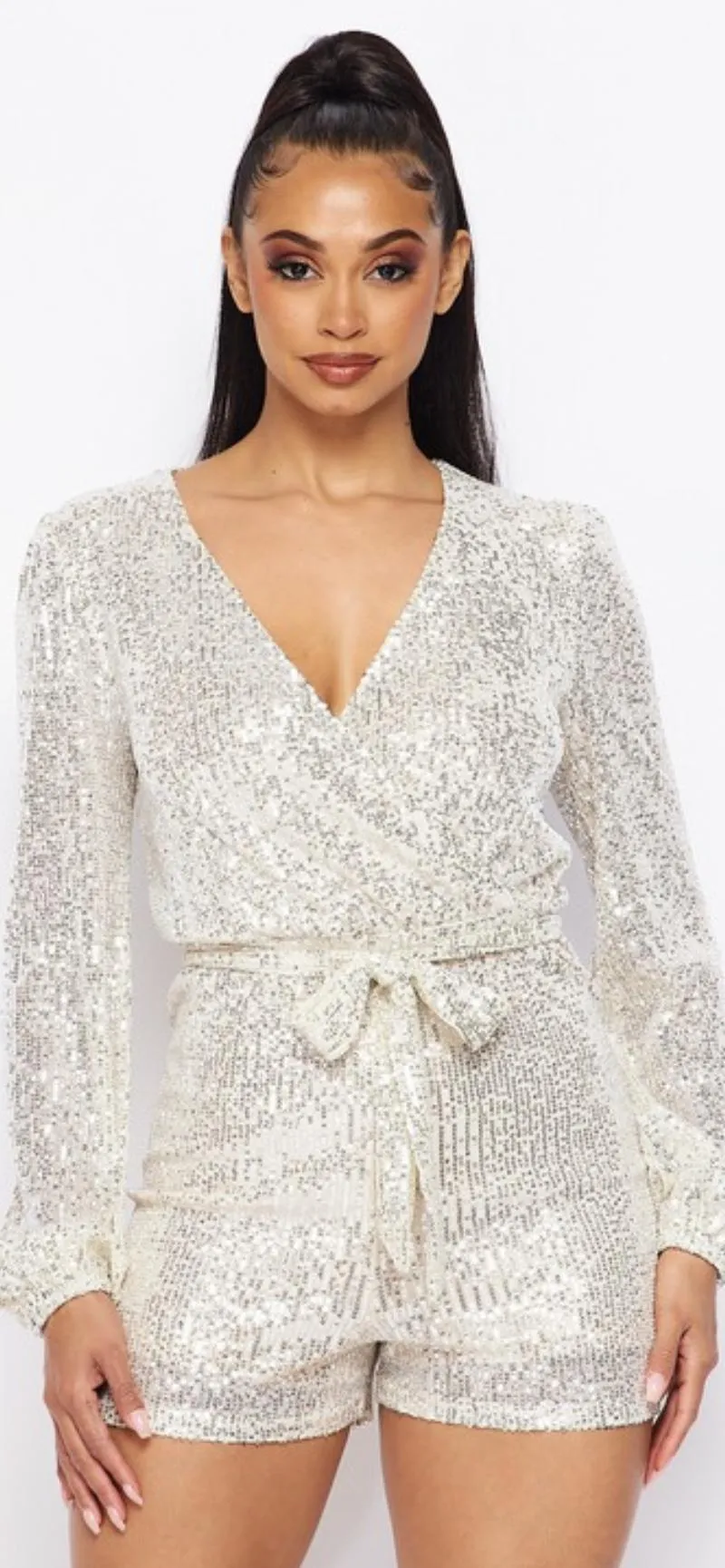 Long sleeved Sequin Romper with Self Tie Belt