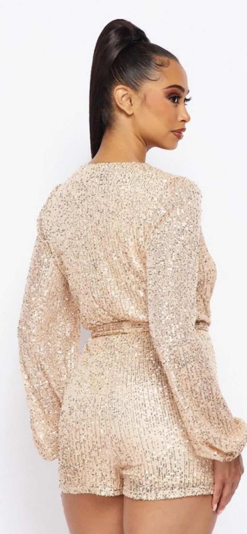 Long sleeved Sequin Romper with Self Tie Belt