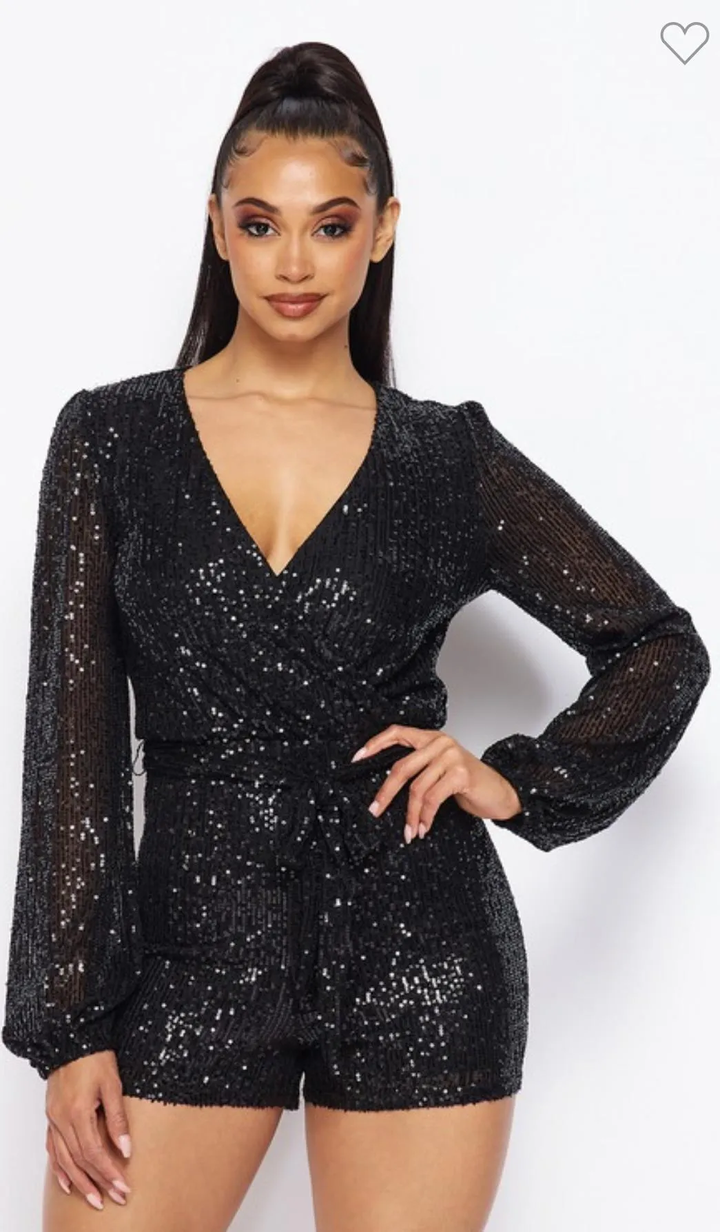 Long sleeved Sequin Romper with Self Tie Belt