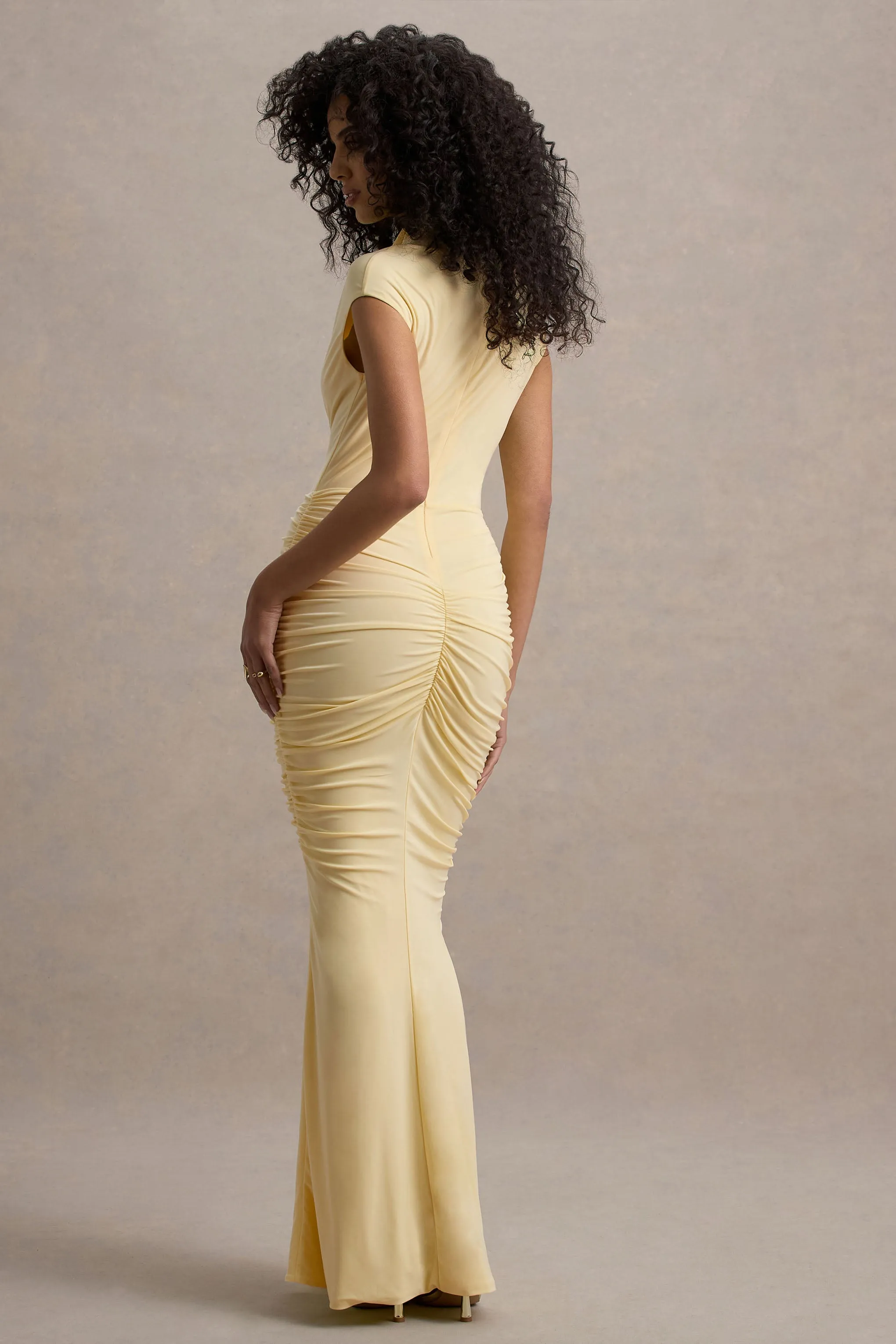 Lorenza | Lemon High-Neck Ruched Maxi Dress With Draped Skirt