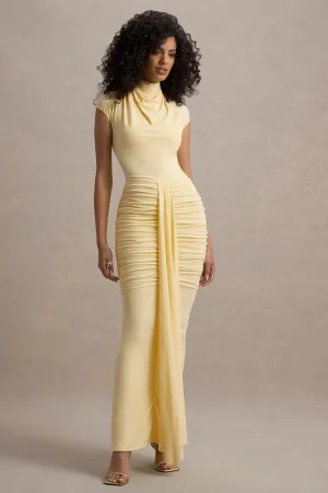 Lorenza | Lemon High-Neck Ruched Maxi Dress With Draped Skirt