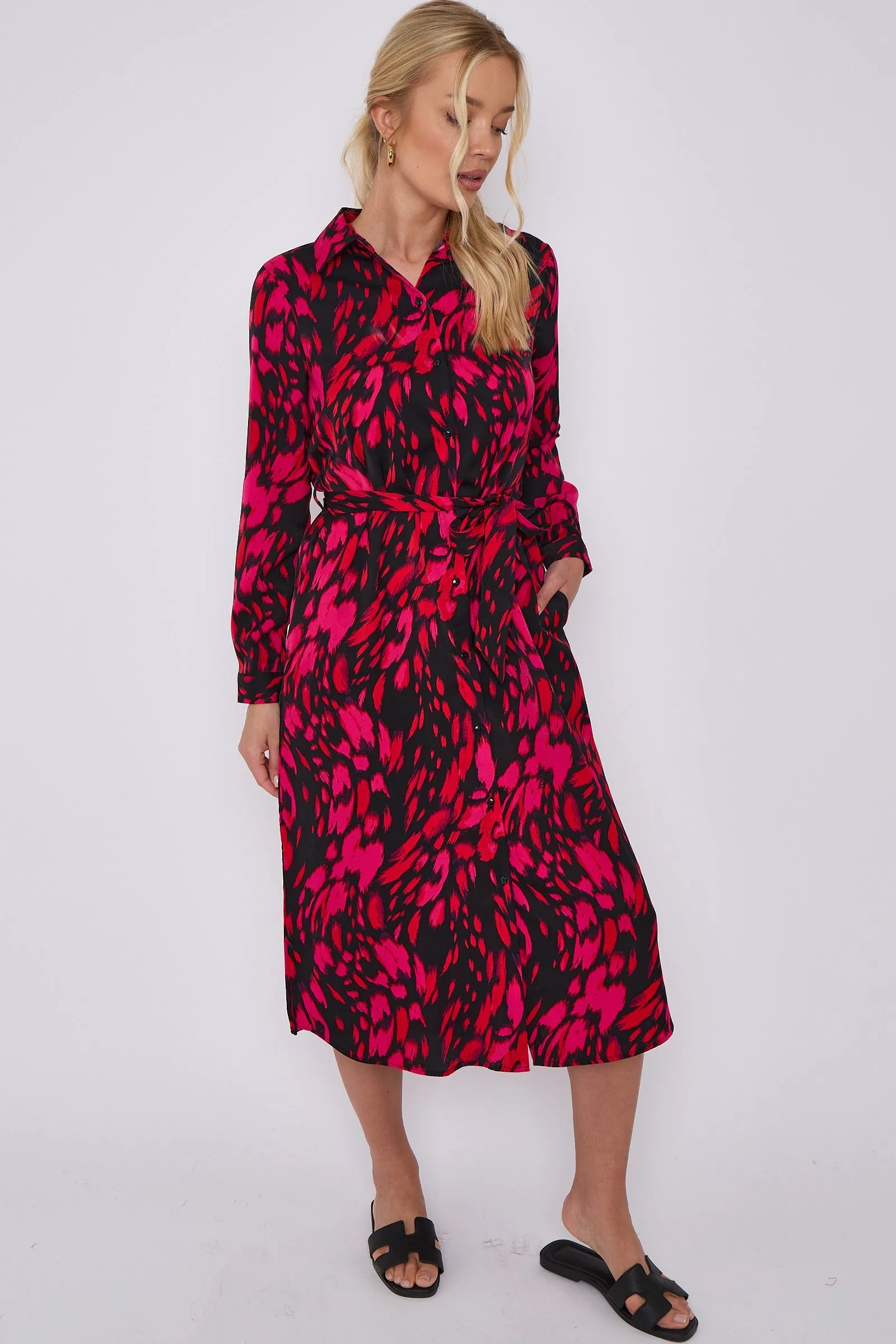 LOVE SUNSHINE Fuchsia Leopard Print Long Sleeve Midi Shirt Dress