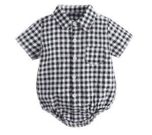 Marcus - Baby Boys Plaid Cotton Shirt Romper in Black & White Checks