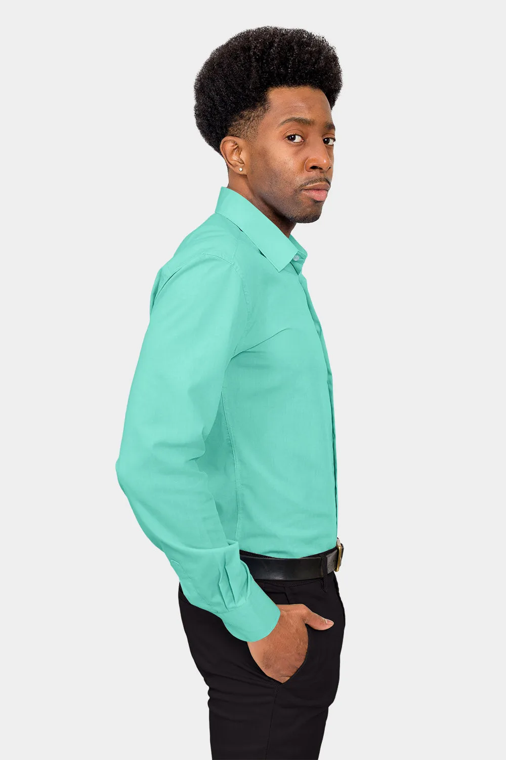 Men's Slim Fit Solid Color Dress Shirt (Aqua)