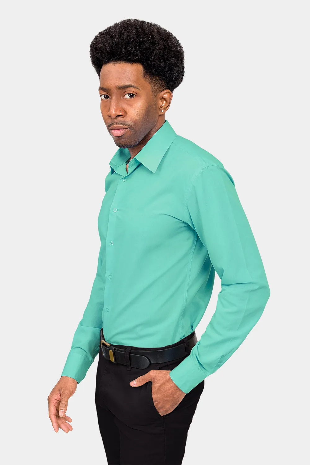 Men's Slim Fit Solid Color Dress Shirt (Aqua)