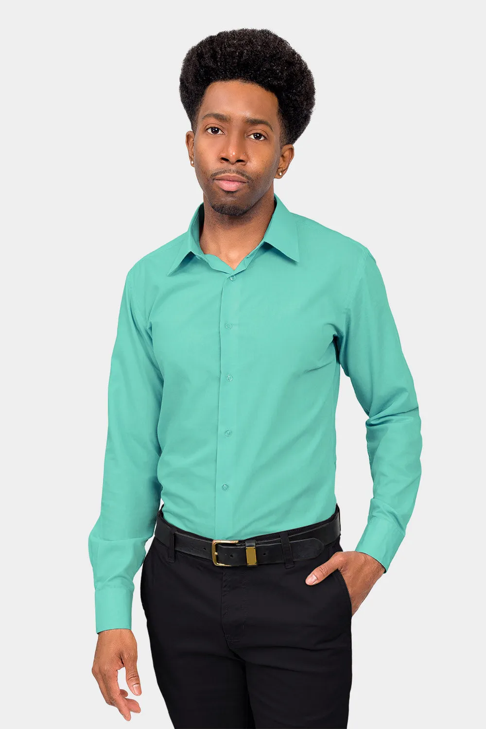 Men's Slim Fit Solid Color Dress Shirt (Aqua)