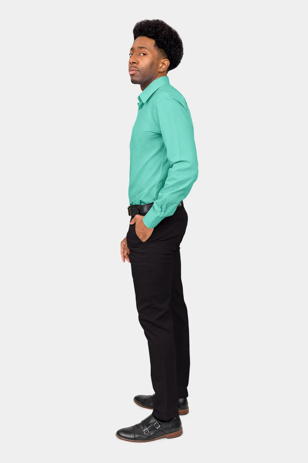 Men's Slim Fit Solid Color Dress Shirt (Aqua)