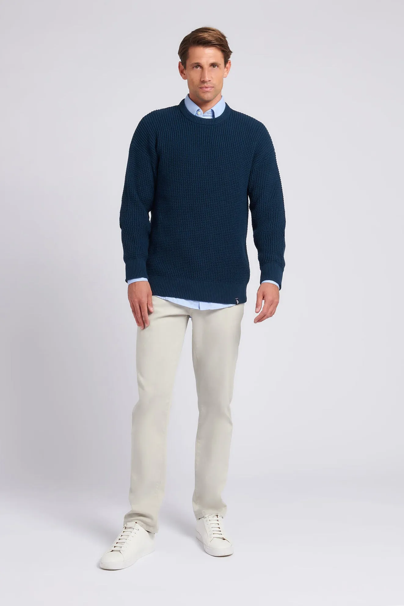 Mens Waffle Knit Crew Neck Jumper in Total Eclipse