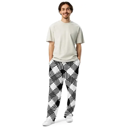 Mens Wide-leg Joggers, Black and White Plaid Print