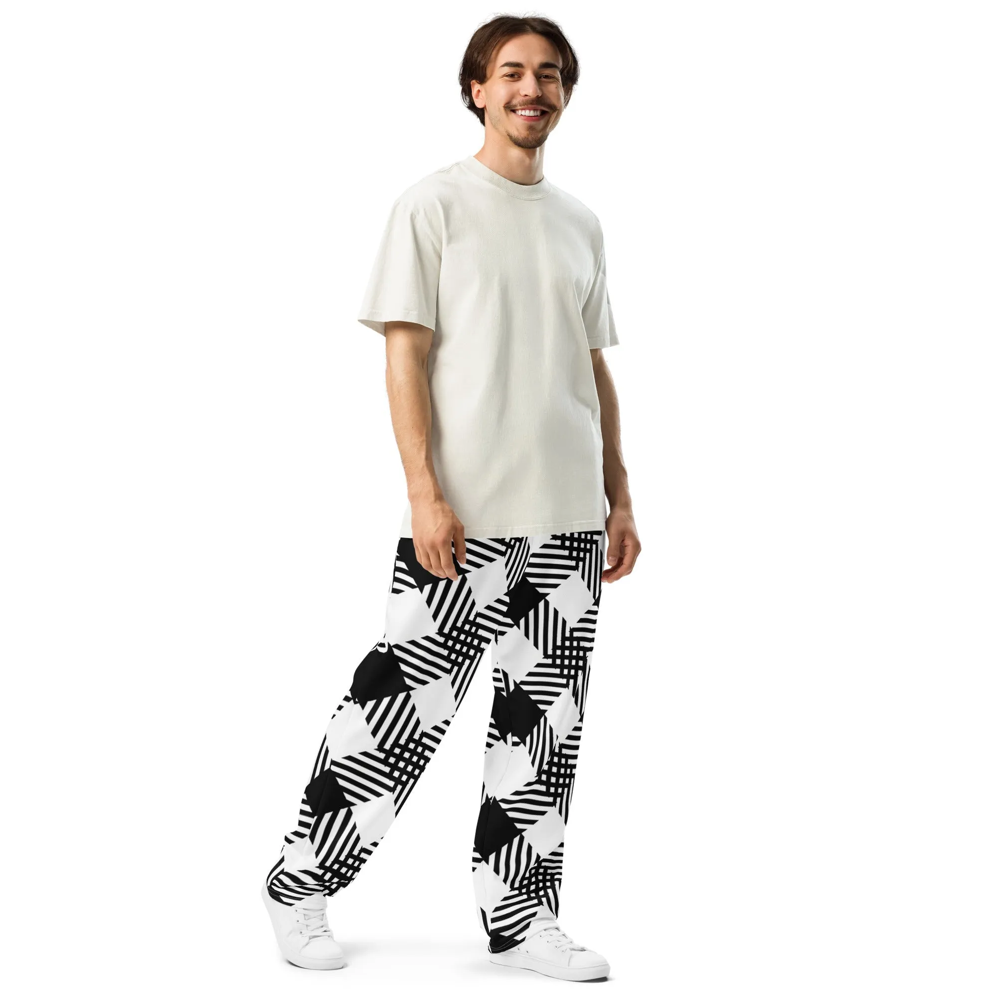 Mens Wide-leg Joggers, Black and White Plaid Print