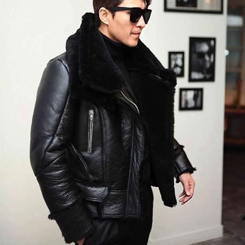 Men's Winter Wool Lamb B3 Bomber Jacket Fur Aviator Jacket