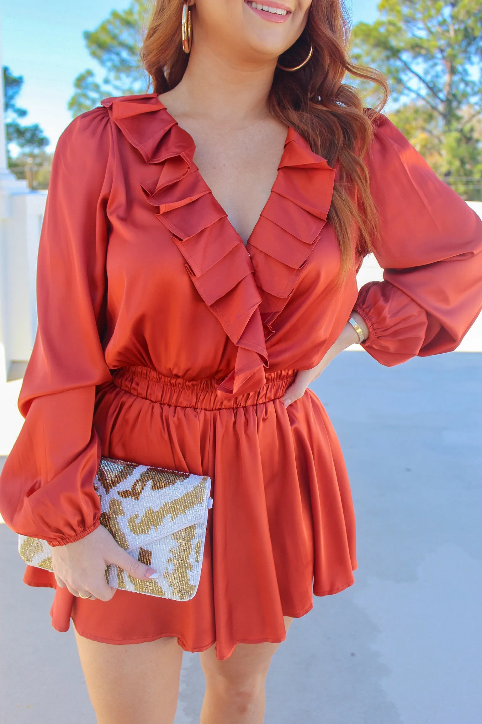 Milly Pleated Ruffle Romper- Rust