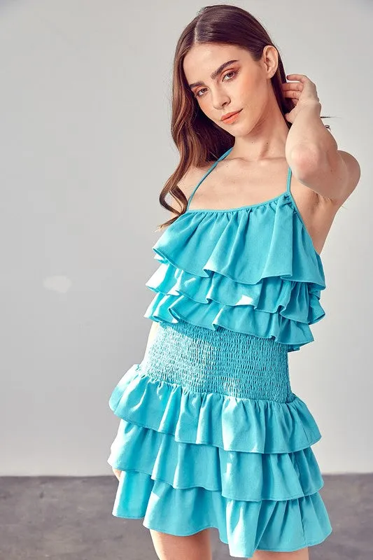 Mini Aqua Blue Smocked Waist Ruffle Romper