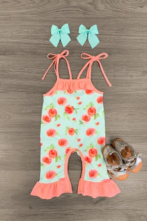 Mint & Pink Rose Tie Romper