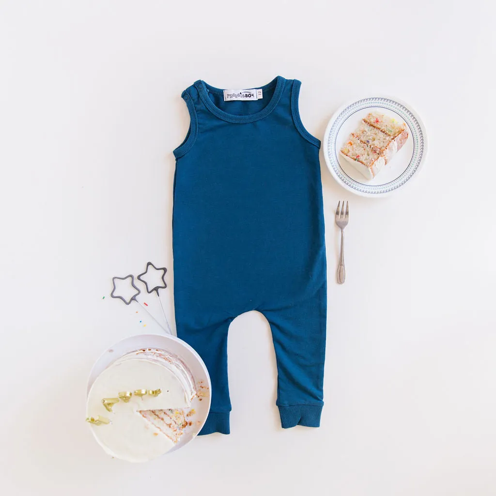 Mr Onederful Aegean Blue Slim Fit Sleeveless Blank Romper 2T-VIP